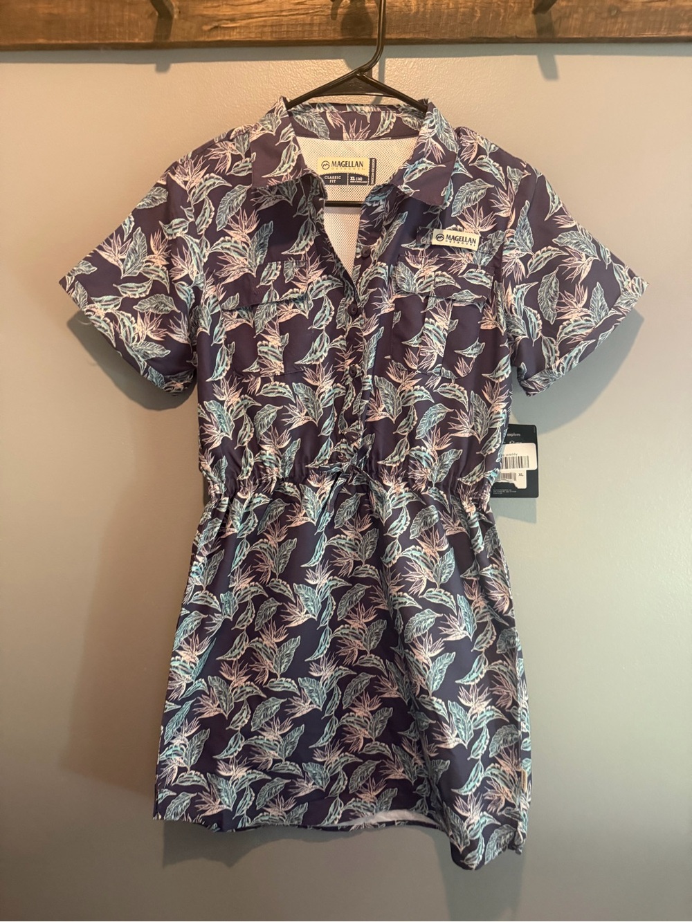 Magellan Outdoors Navy Dress with Light Blue and Pale Pink Leaf Motif